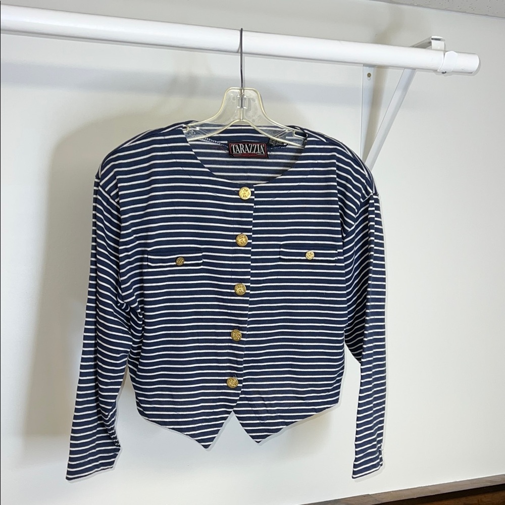 Vintage Navy and White Striped Cardigan with Gold Buttons Cropped Length-‎ M
